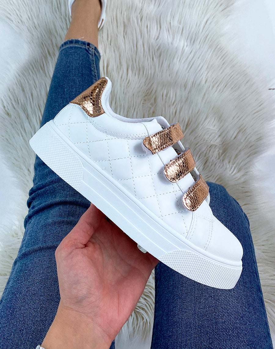 Baskets blanches à scratchs rosegold effet snake
