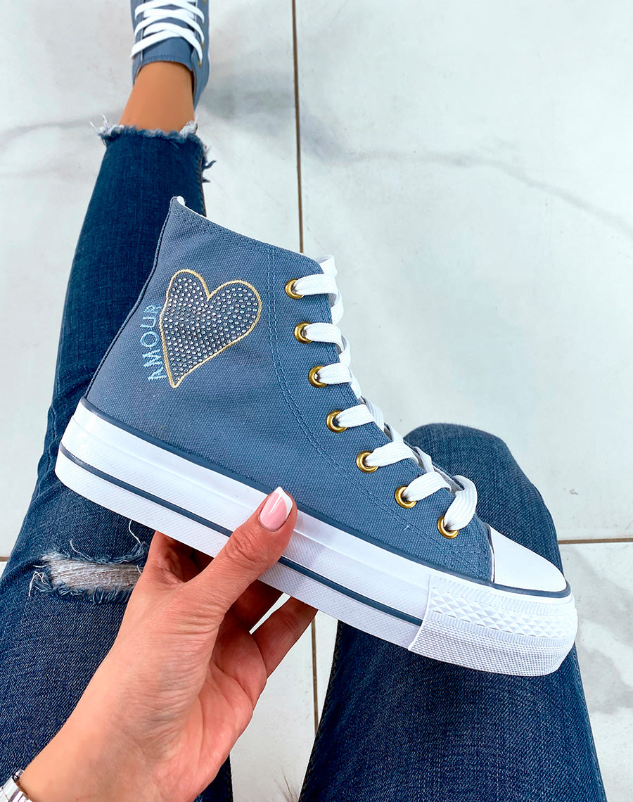 Baskets bleu jean montantes à lacets avec détail strass et inscription