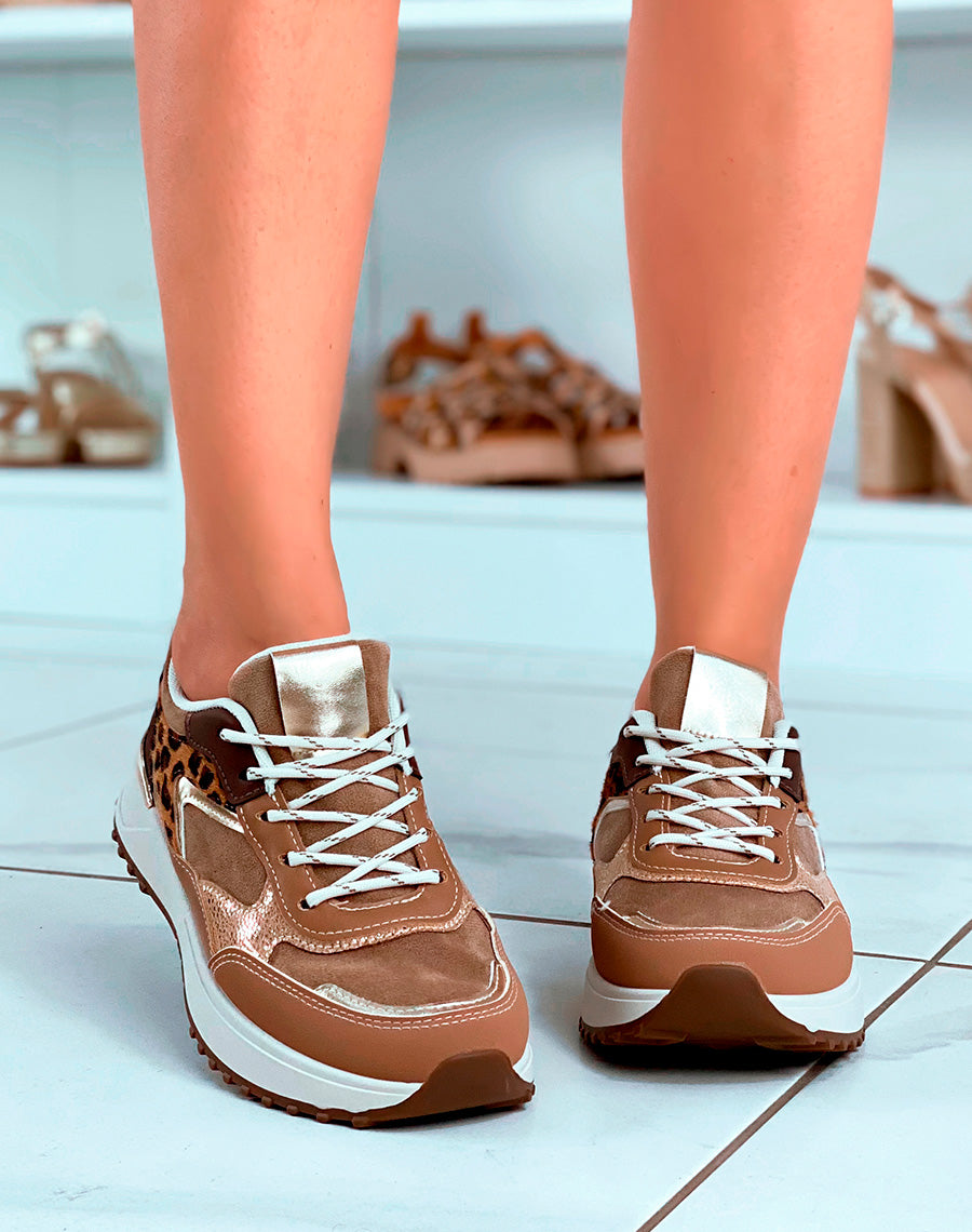 Baskets camel à multiples empiècements et détails léopard