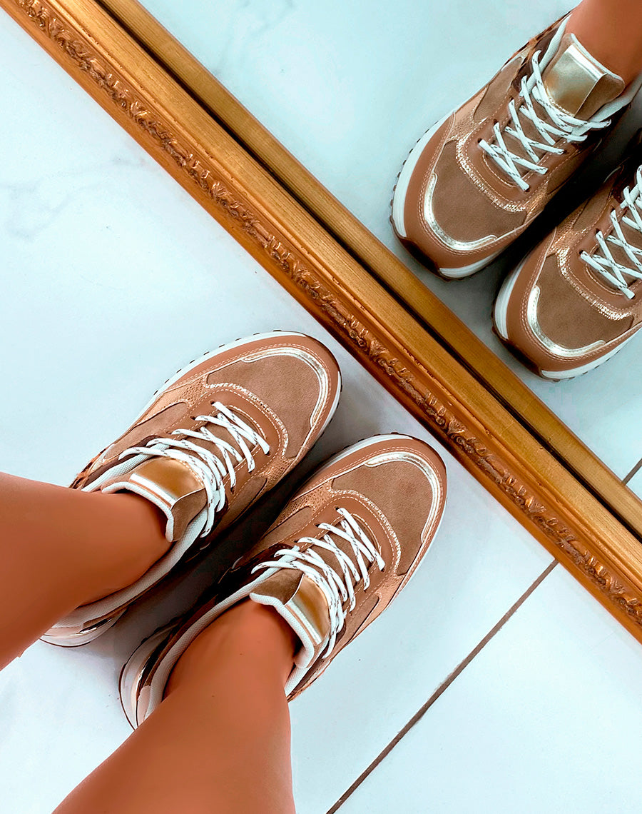 Baskets camel à multiples empiècements et détails léopard