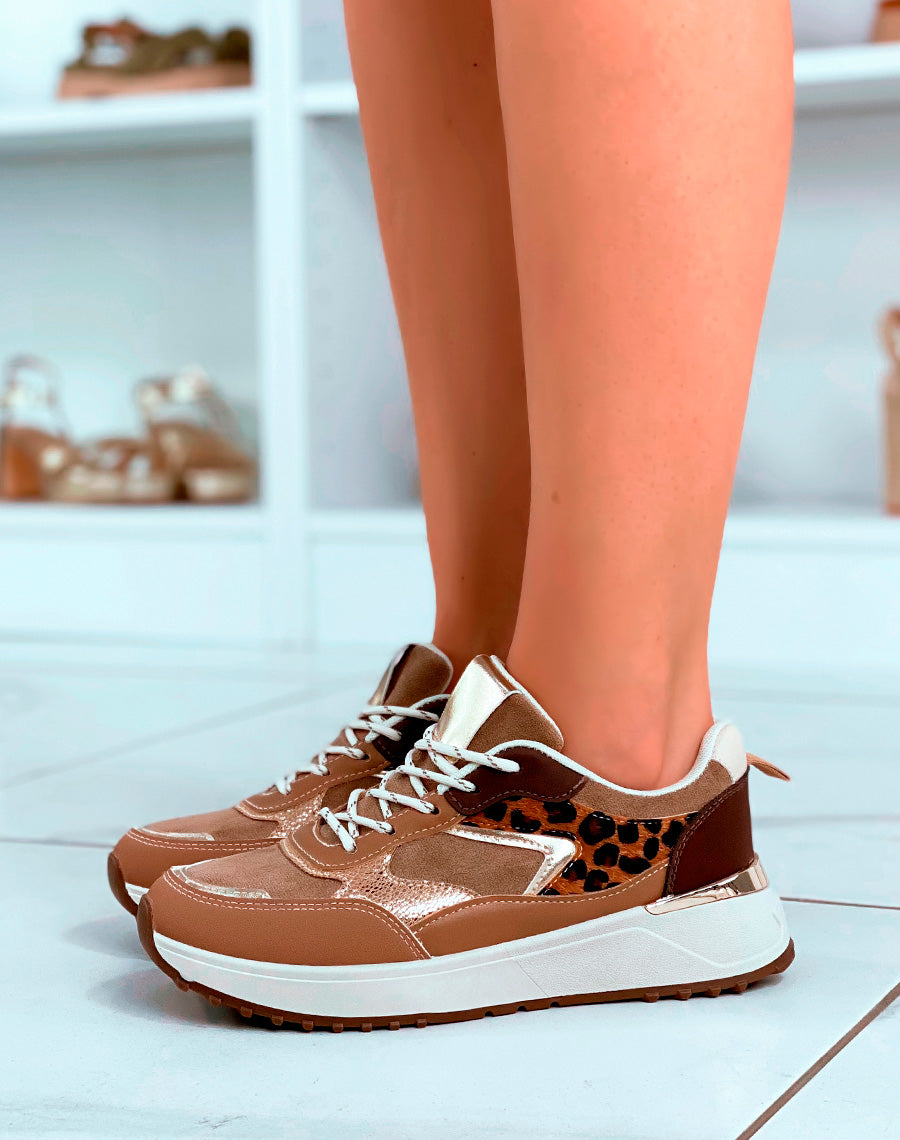Baskets camel à multiples empiècements et détails léopard