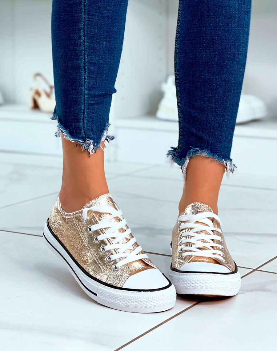 Baskets dorées pailletée basses à lacets blancs pour femme