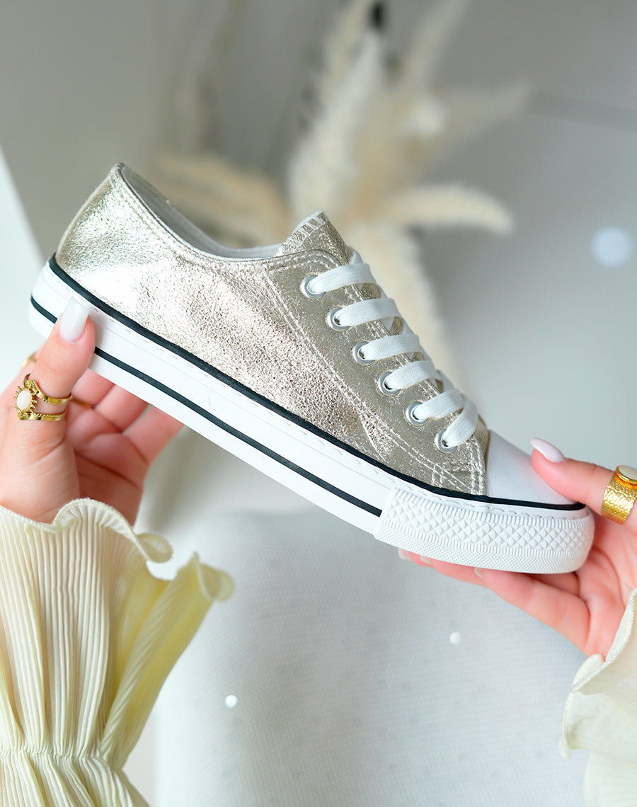 Baskets dorées pailletée basses à lacets blancs pour femme