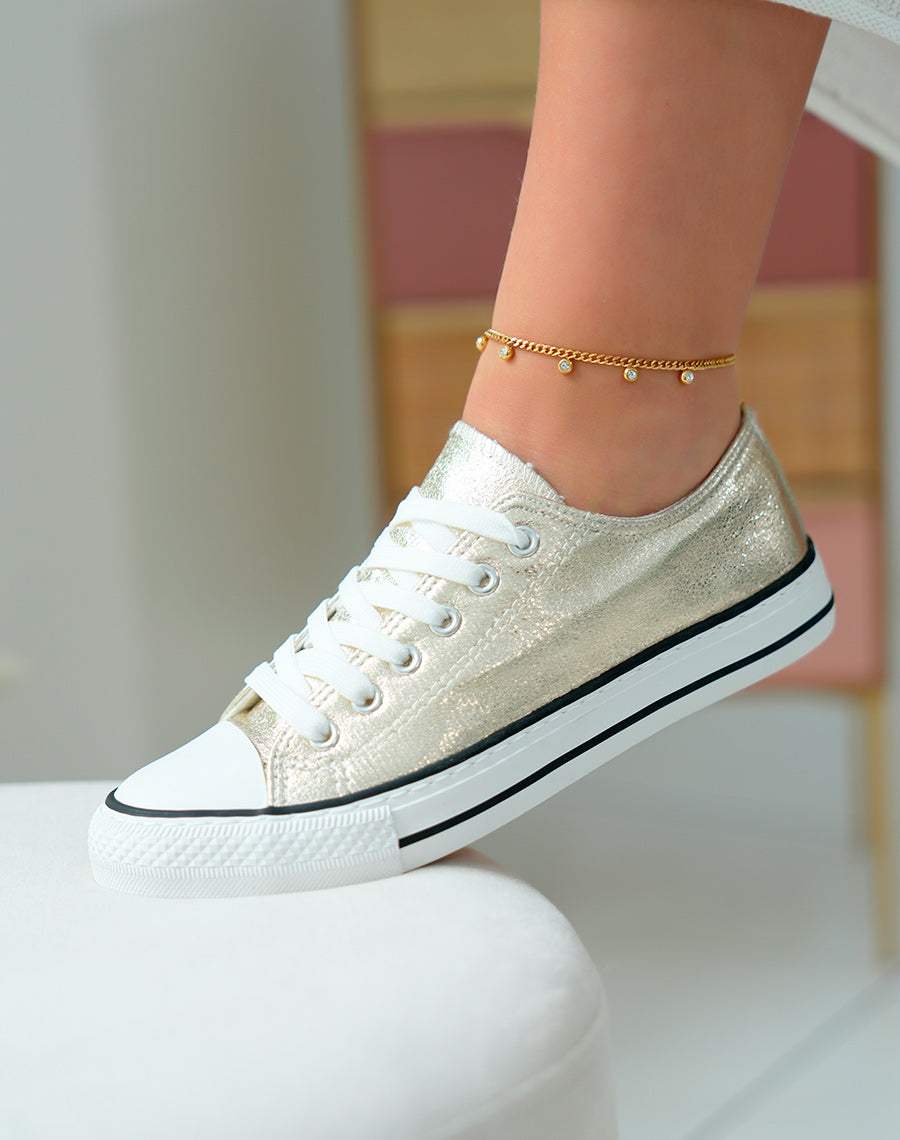 Baskets dorées pailletée basses à lacets blancs pour femme