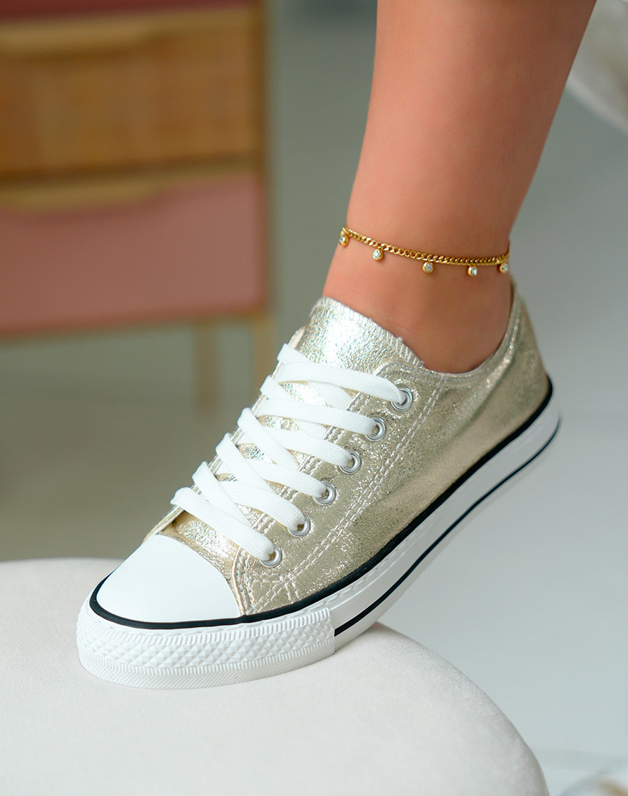 Baskets dorées pailletée basses à lacets blancs pour femme