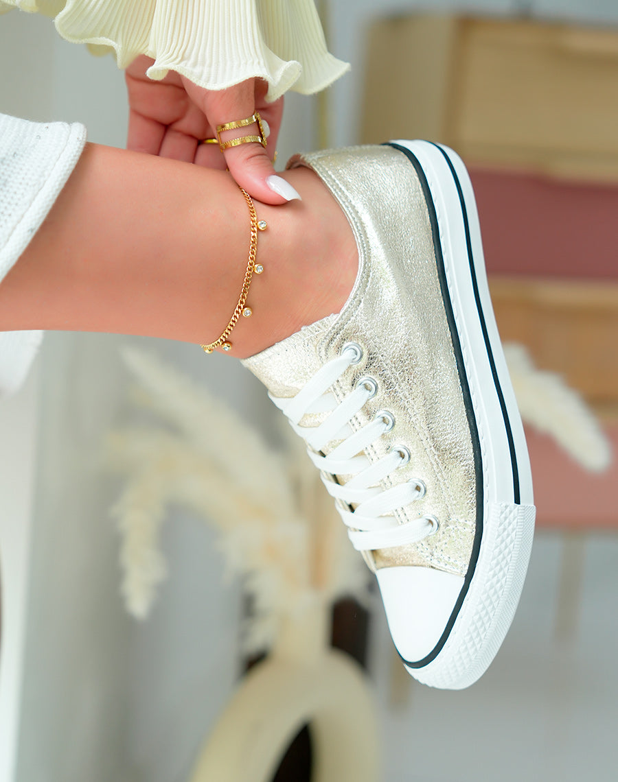 Baskets dorées pailletée basses à lacets blancs pour femme