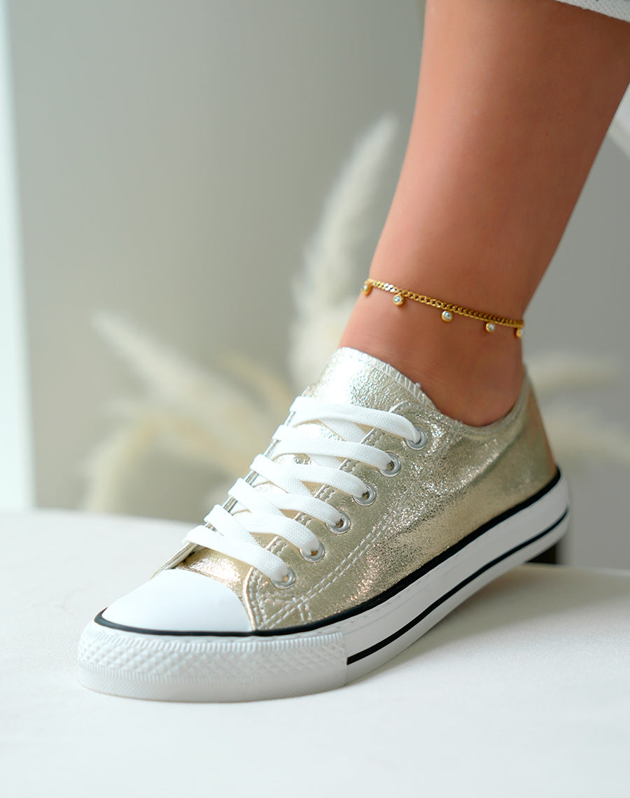 Baskets dorées pailletée basses à lacets blancs pour femme