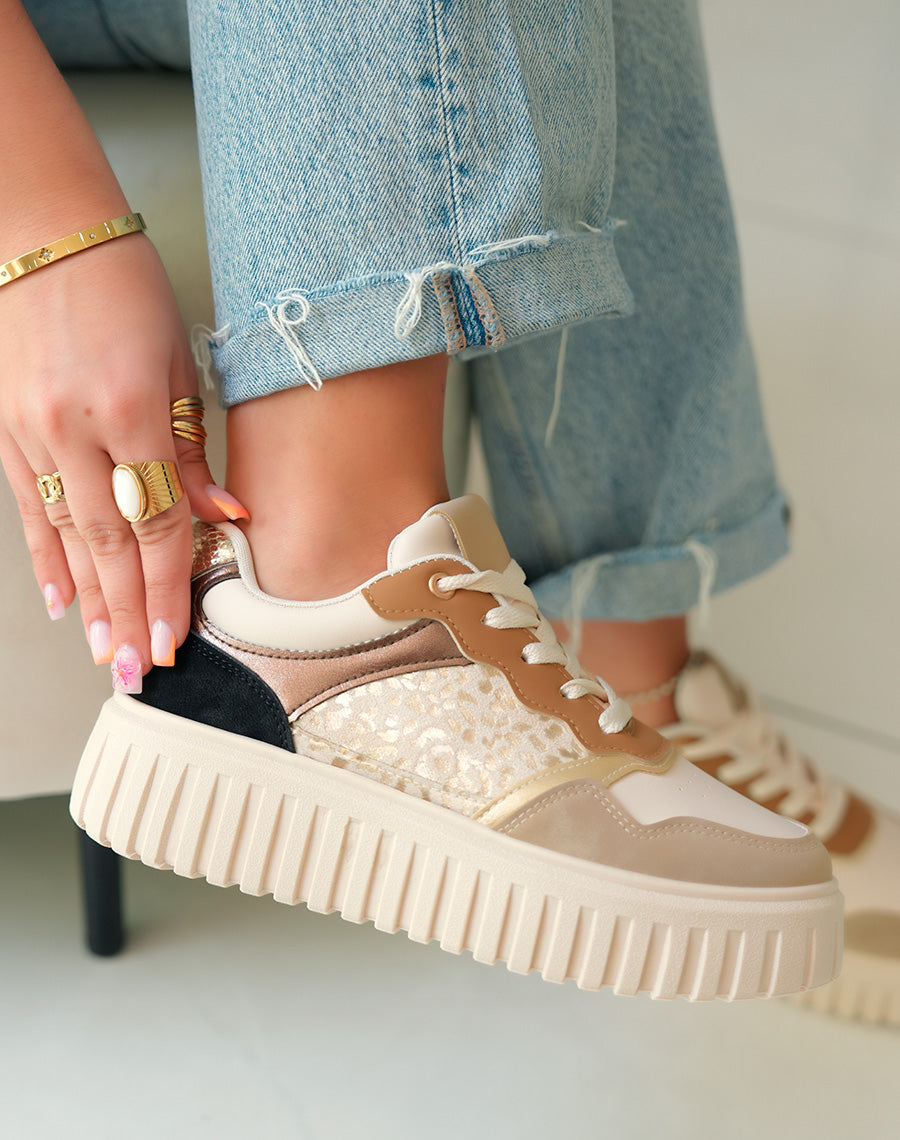 Baskets à Empiècements Beige Noir et Doré