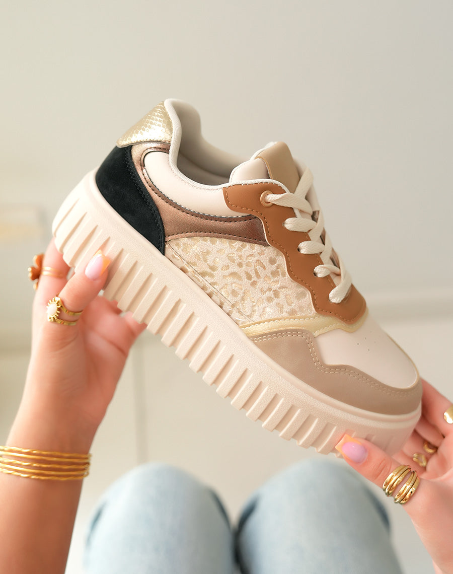 Baskets à Empiècements Beige Noir et Doré