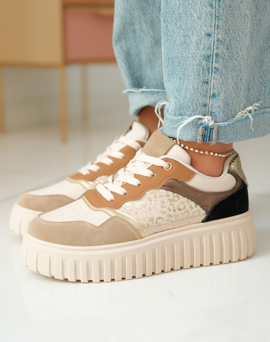 Baskets à Empiècements Beige Noir et Doré
