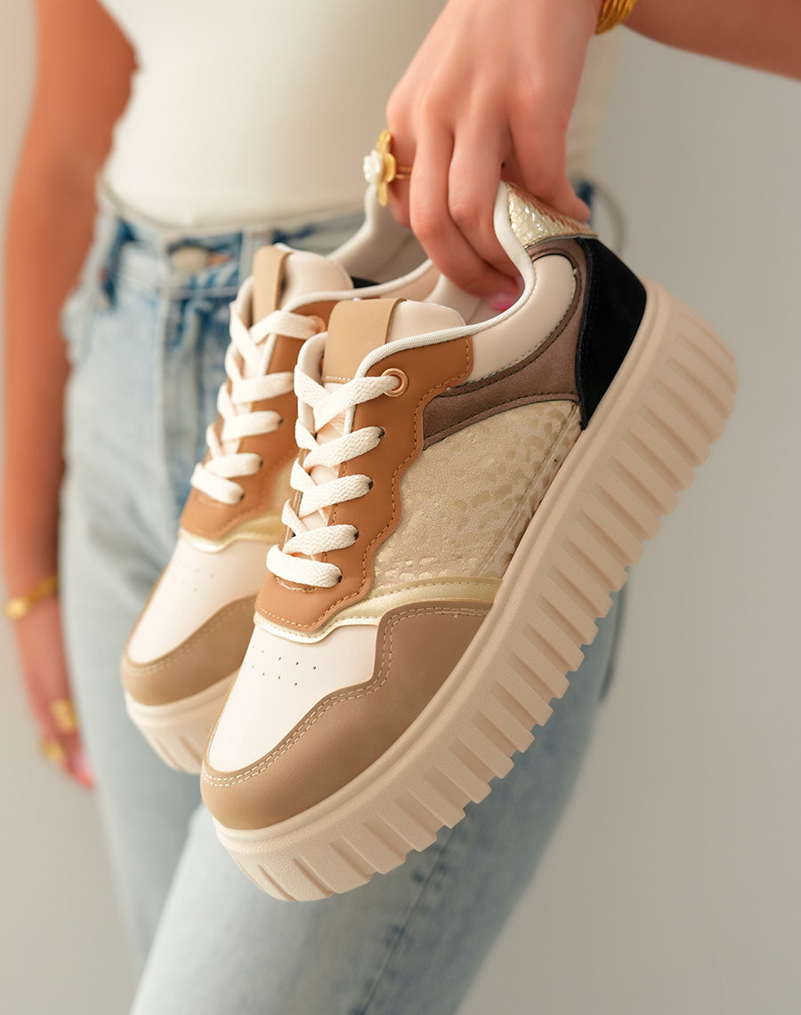 Baskets à Empiècements Beige Noir et Doré