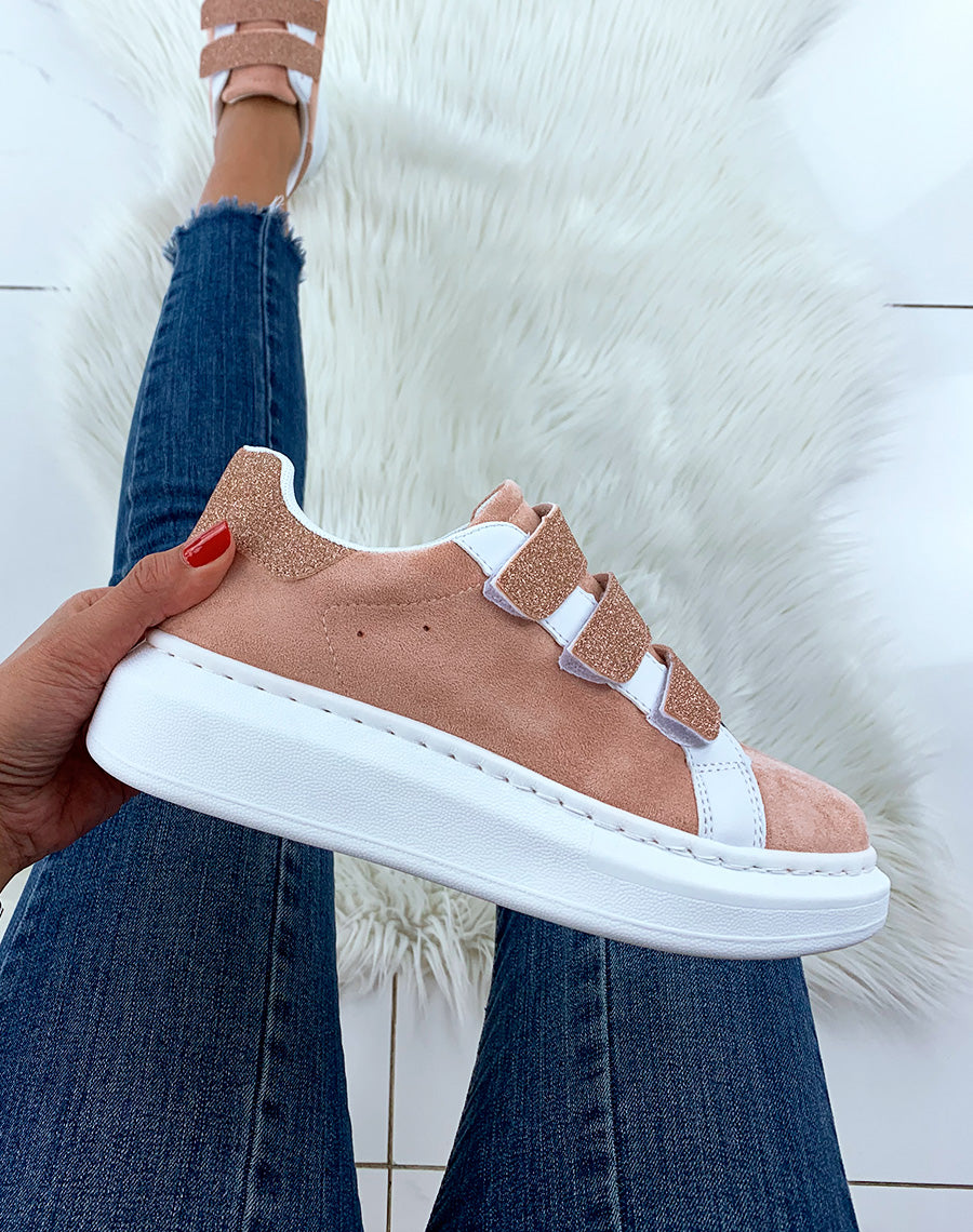 Baskets en suédine rose avec scratchs à plateforme