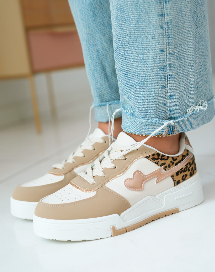 Baskets Femme Beige Foncé et Léopard