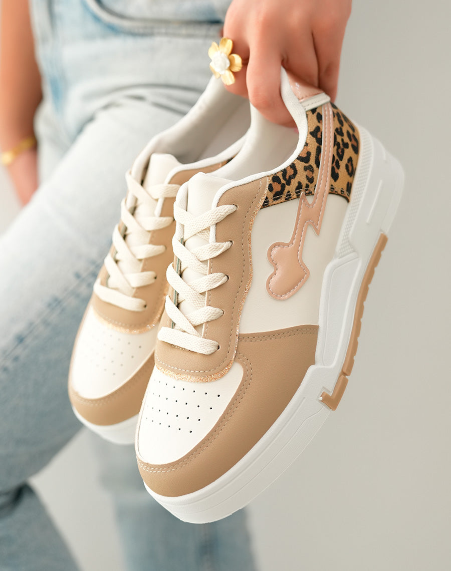 Baskets Femme Beige Foncé et Léopard