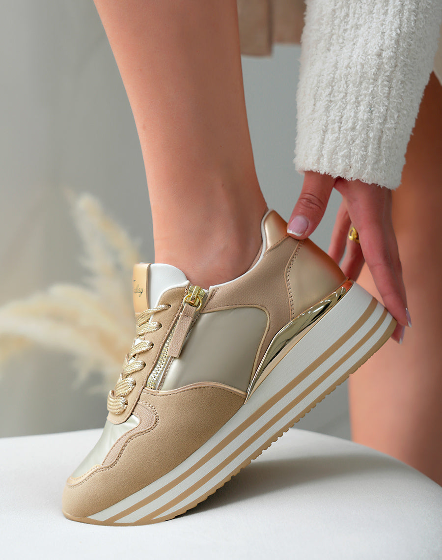 Baskets Femme Beige Métallisé Plateforme Dorée Chic