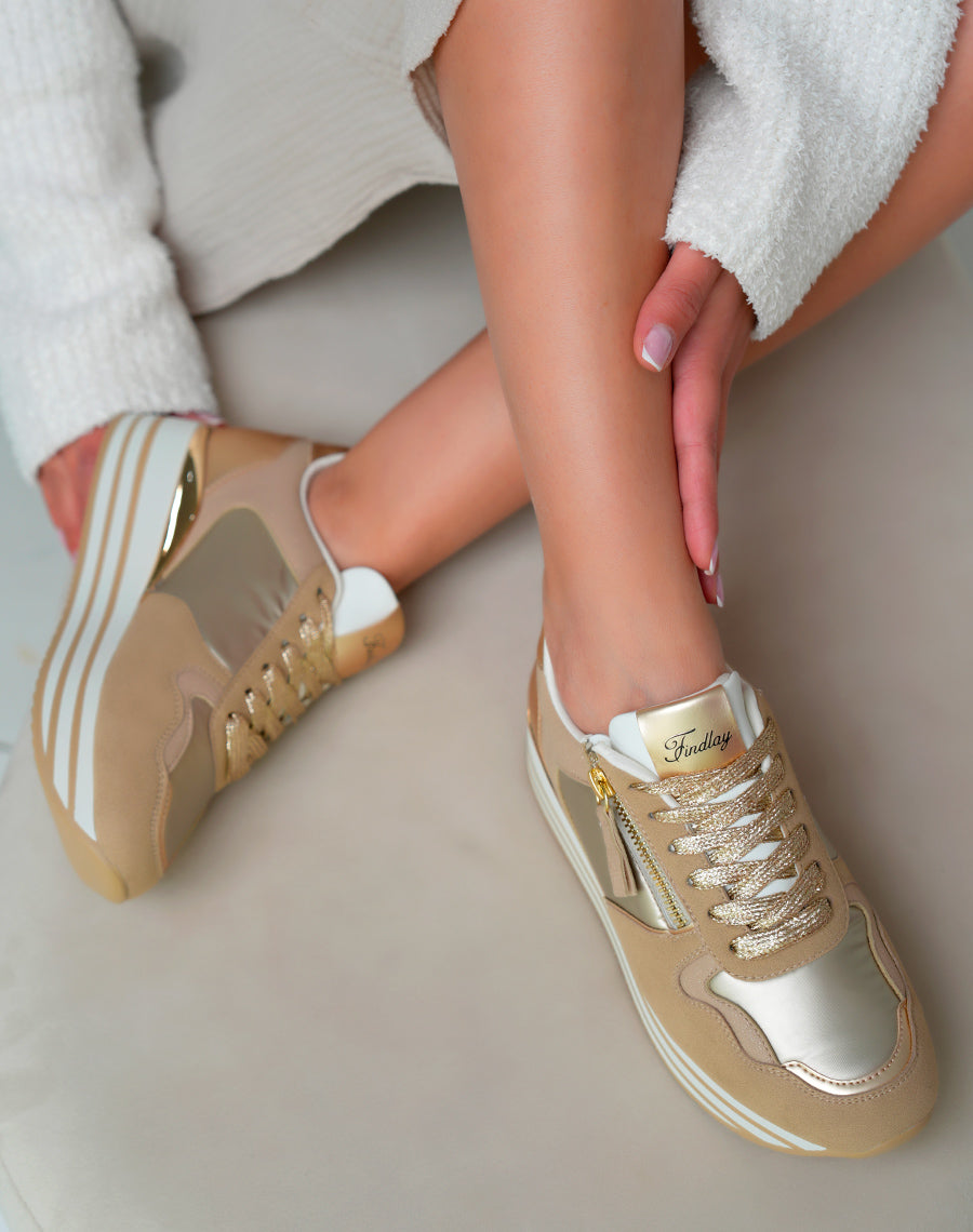 Baskets Femme Beige Métallisé Plateforme Dorée Chic