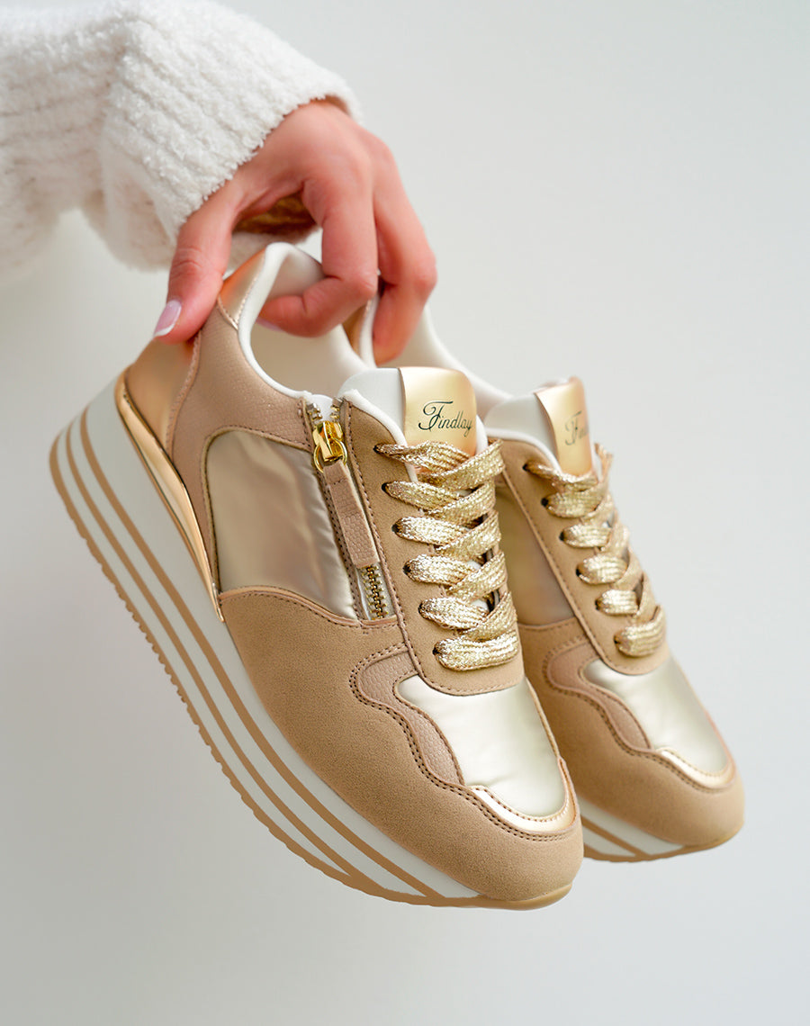 Baskets Femme Beige Métallisé Plateforme Dorée Chic