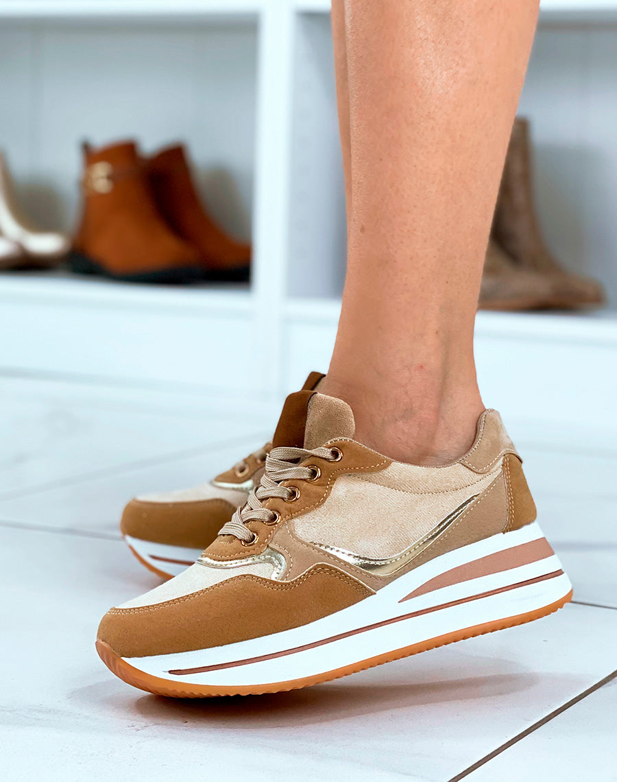 Baskets femme beige talonnade & empiècements 3D