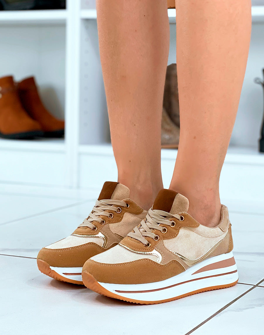 Baskets femme beige talonnade & empiècements 3D