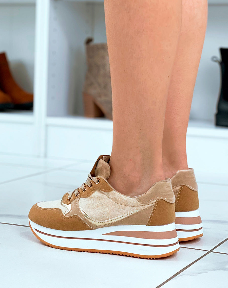 Baskets femme beige talonnade & empiècements 3D