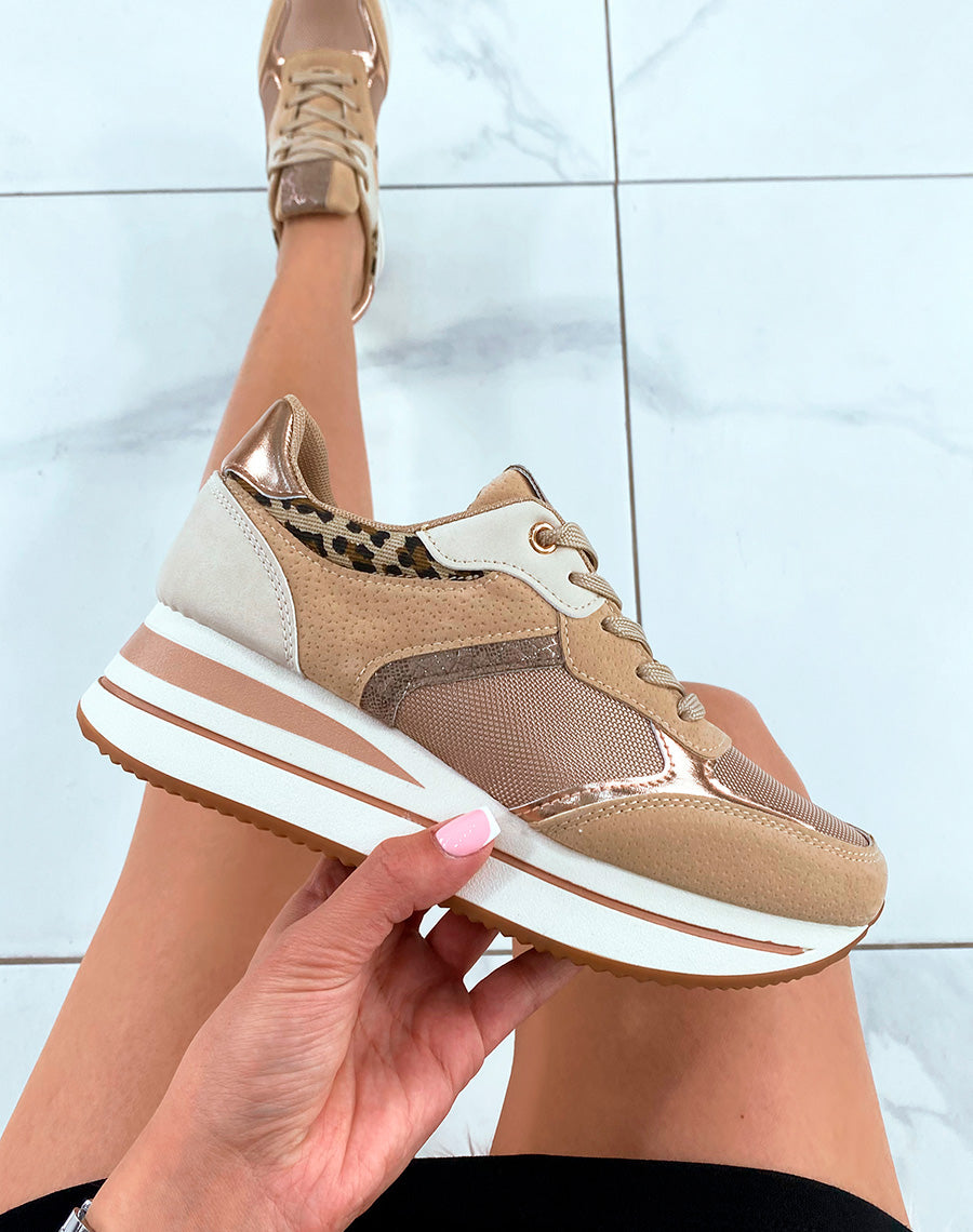 Baskets femme beiges empiècements variés kaki