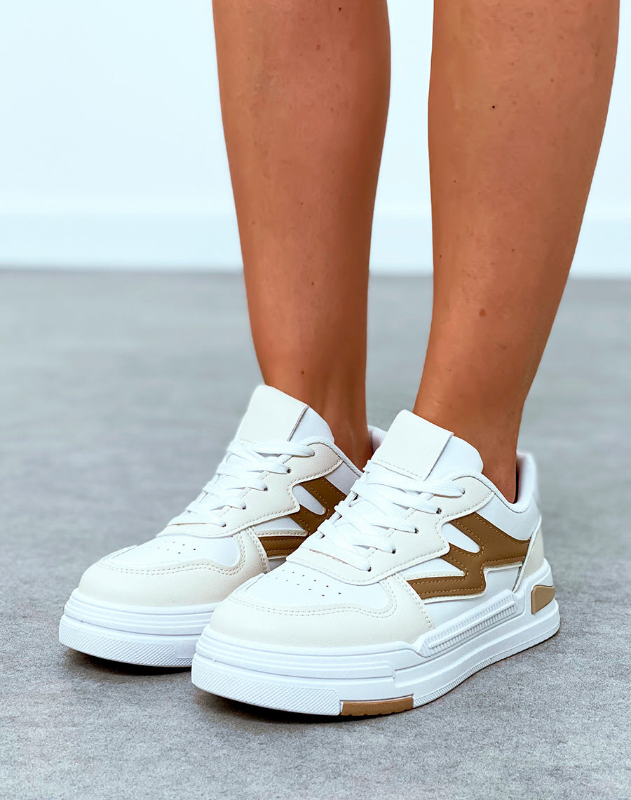 Baskets femme bi-couleurs beige foncé et blanche à lacets
