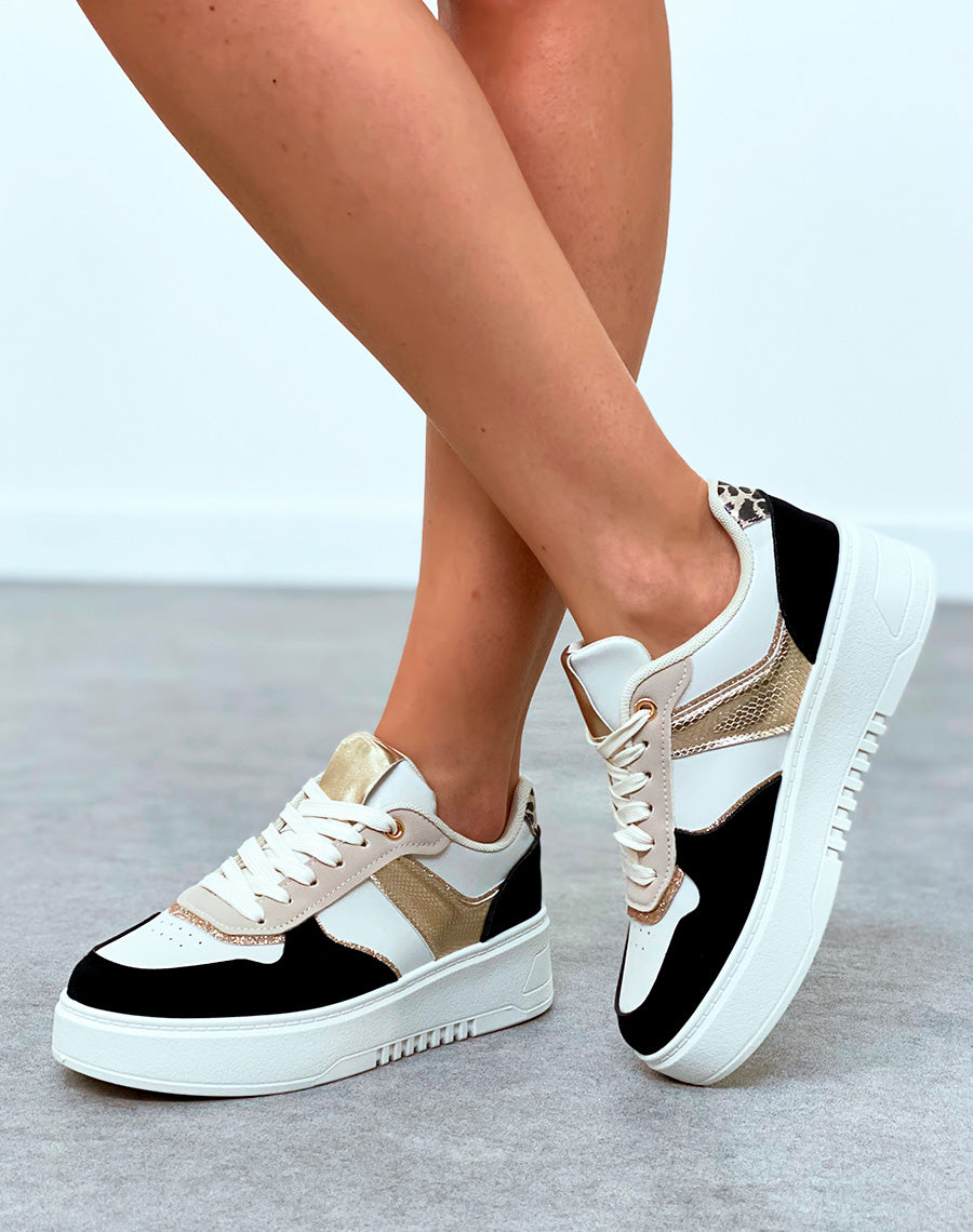 Baskets femme bi-couleurs noires à empiècements et détail léopard