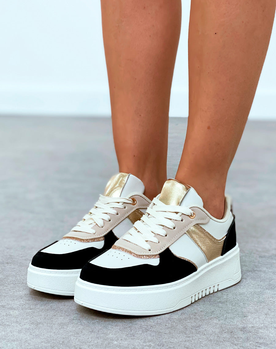Baskets femme bi-couleurs noires à empiècements et détail léopard