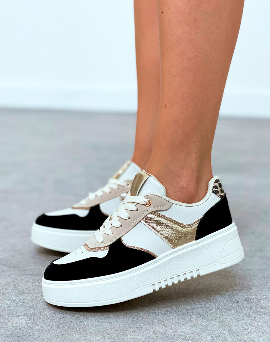 Baskets femme bi-couleurs noires à empiècements et détail léopard