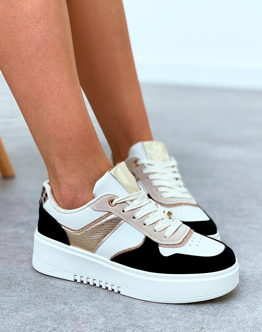 Baskets femme bi-couleurs noires à empiècements et détail léopard