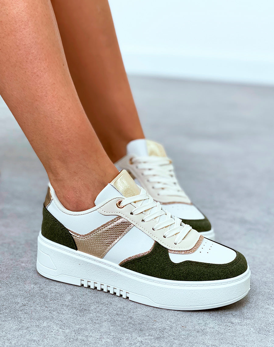 Baskets femme bi-couleurs vert kaki à empiècements et détail dorée