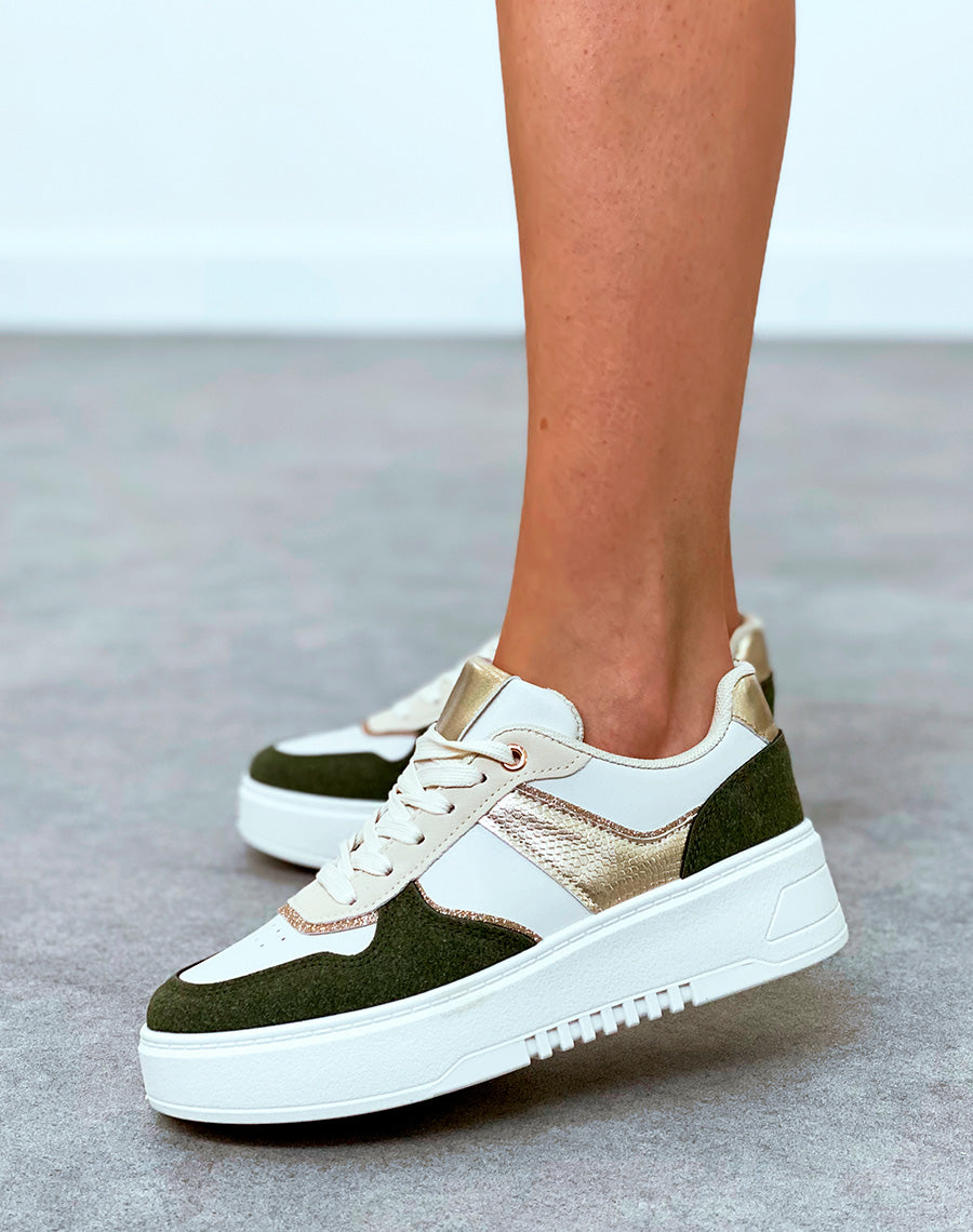Baskets femme bi-couleurs vert kaki à empiècements et détail dorée