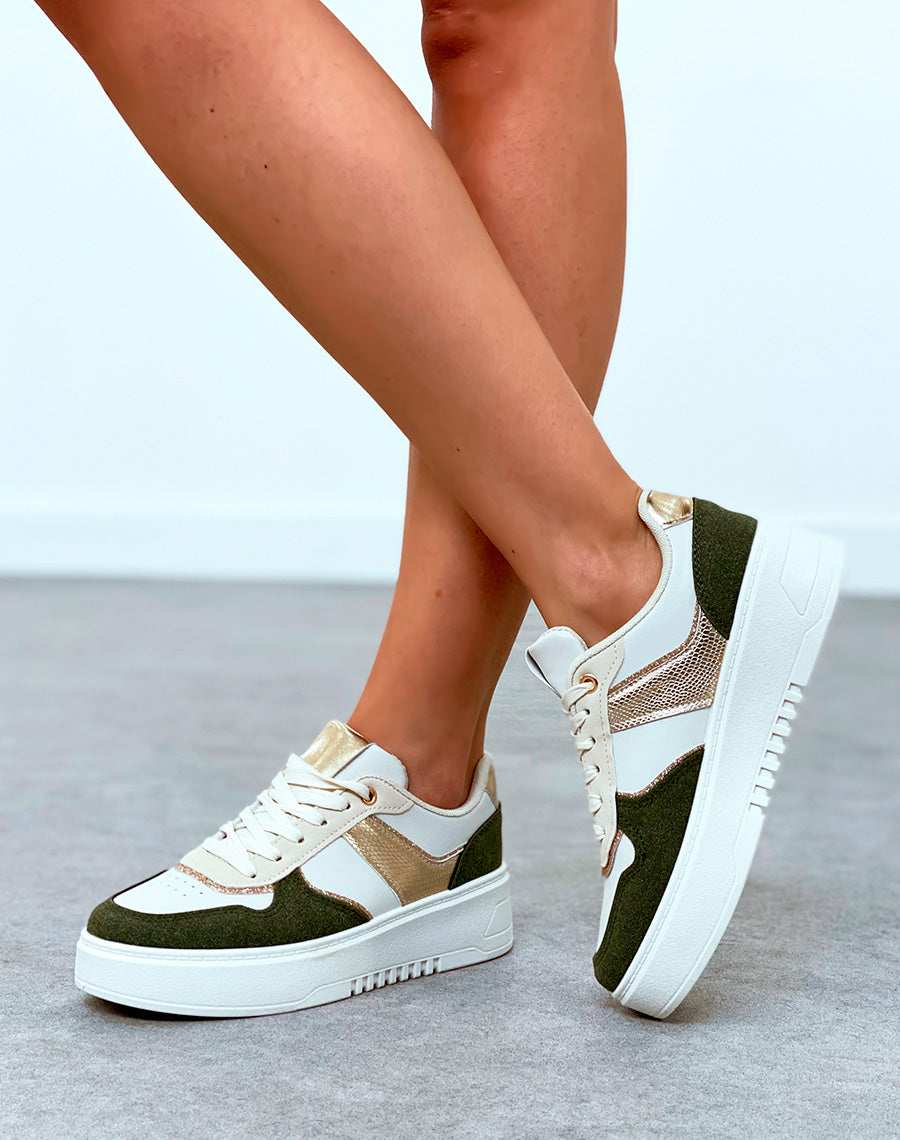 Baskets femme bi-couleurs vert kaki à empiècements et détail dorée