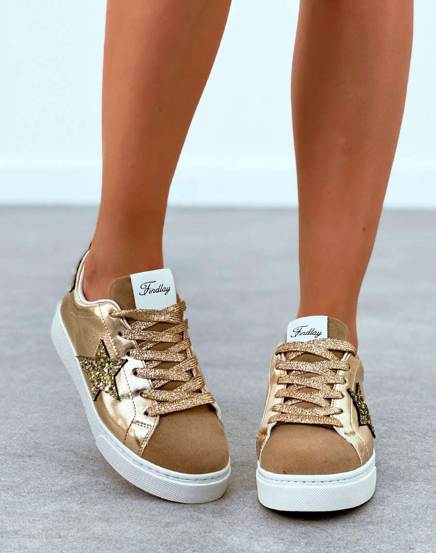 Baskets femme bi-matière dorée à lacets à détail étoile et paillette