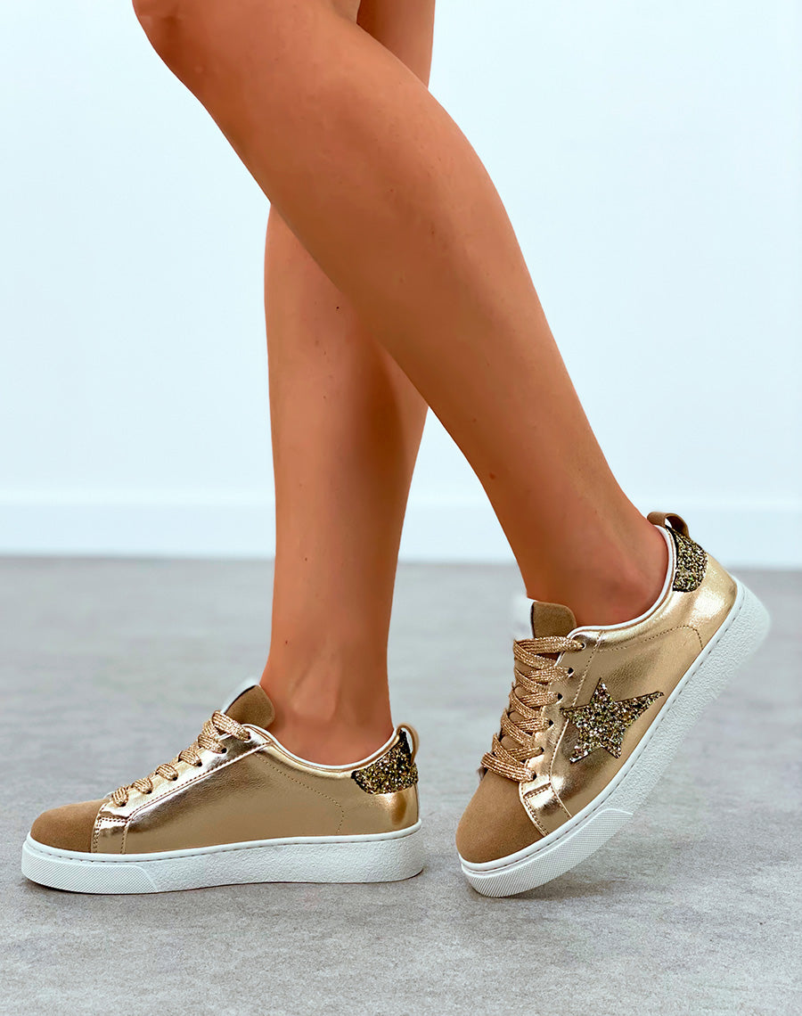 Baskets femme bi-matière dorée à lacets à détail étoile et paillette