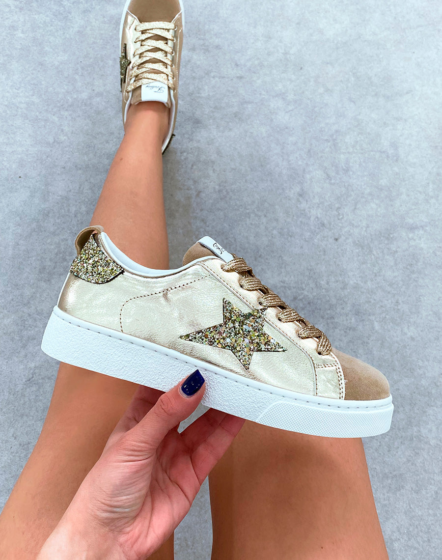 Baskets femme bi-matière dorée à lacets à détail étoile et paillette