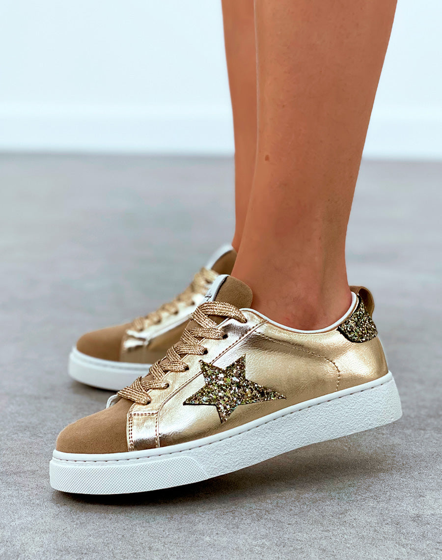 Baskets femme bi-matière dorée à lacets à détail étoile et paillette
