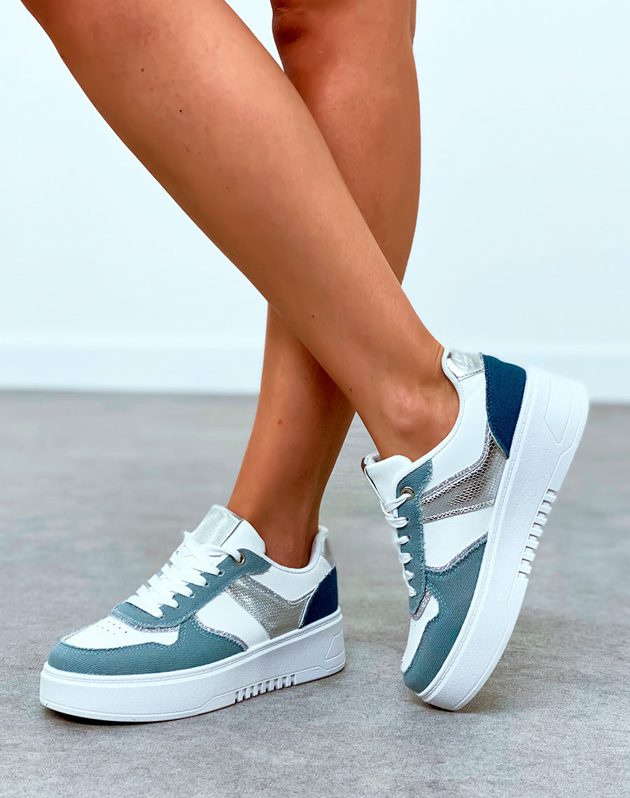 Baskets femme blanche à effet jean à empiècements et détail argenté