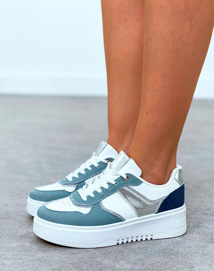 Baskets femme blanche à effet jean à empiècements et détail argenté