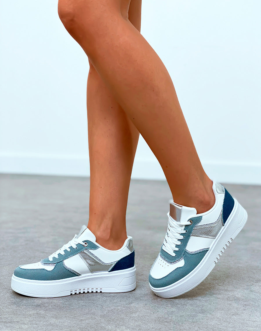 Baskets femme blanche à effet jean à empiècements et détail argenté