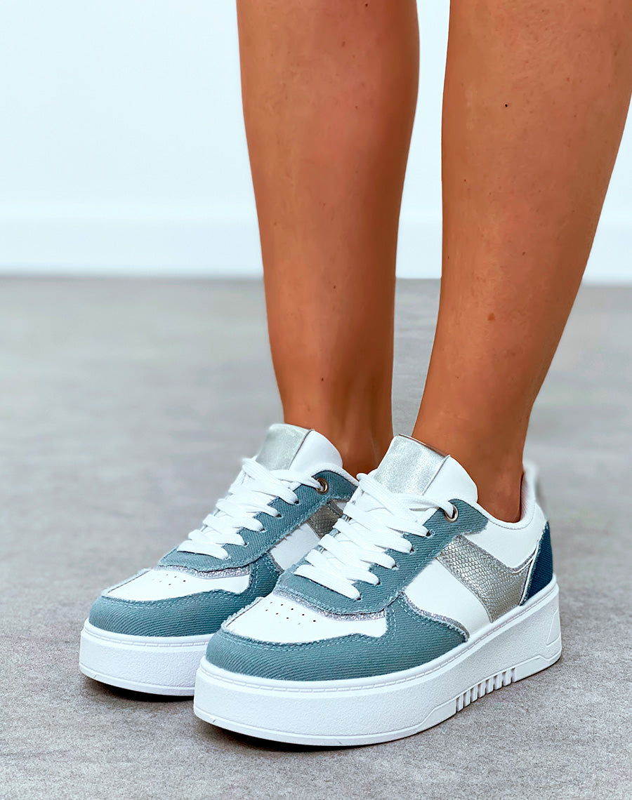 Baskets femme blanche à effet jean à empiècements et détail argenté