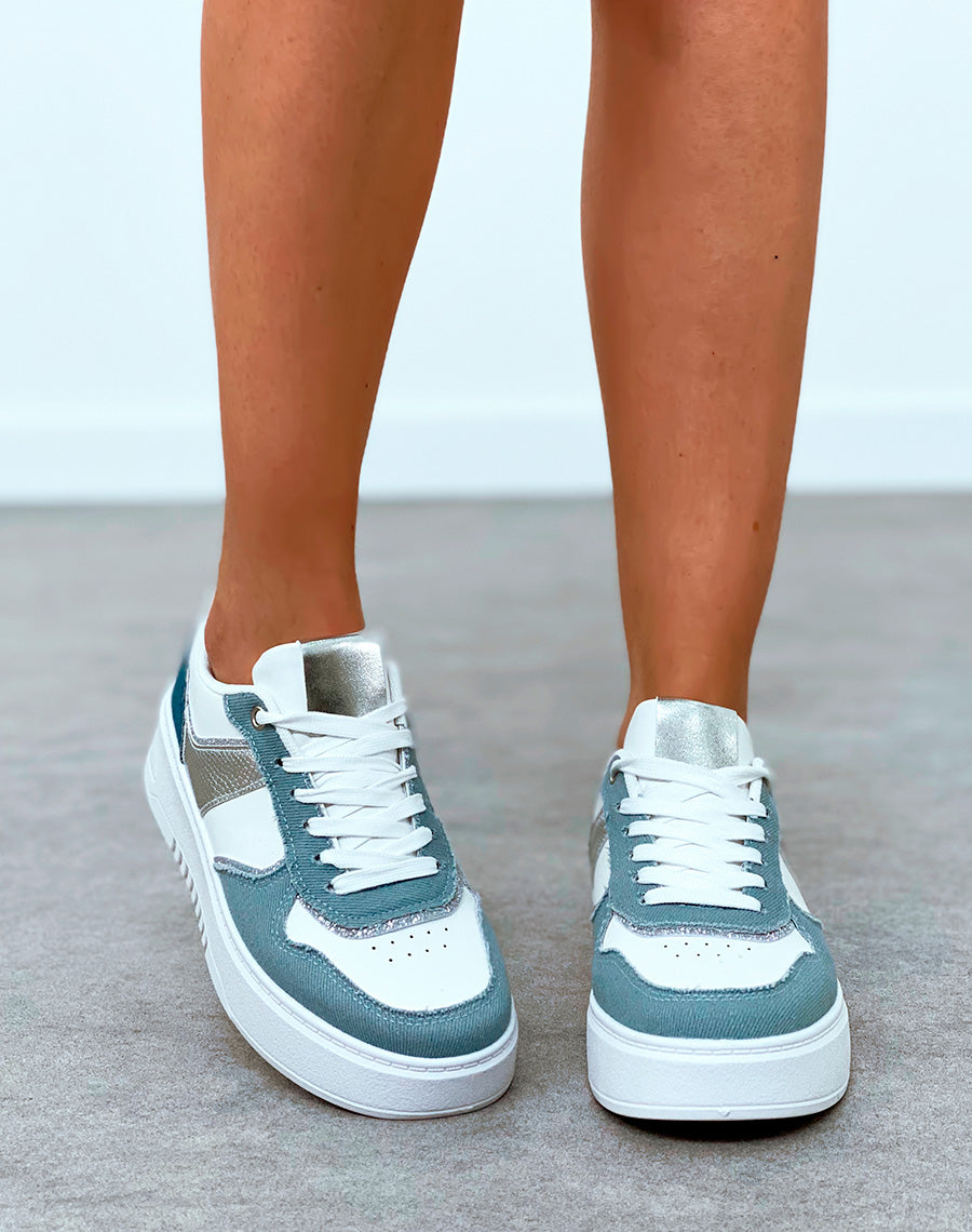 Baskets femme blanche à effet jean à empiècements et détail argenté
