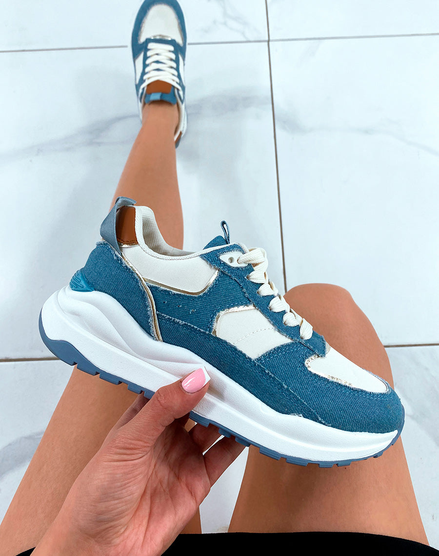 Baskets femme blanches avec empiècements en jean