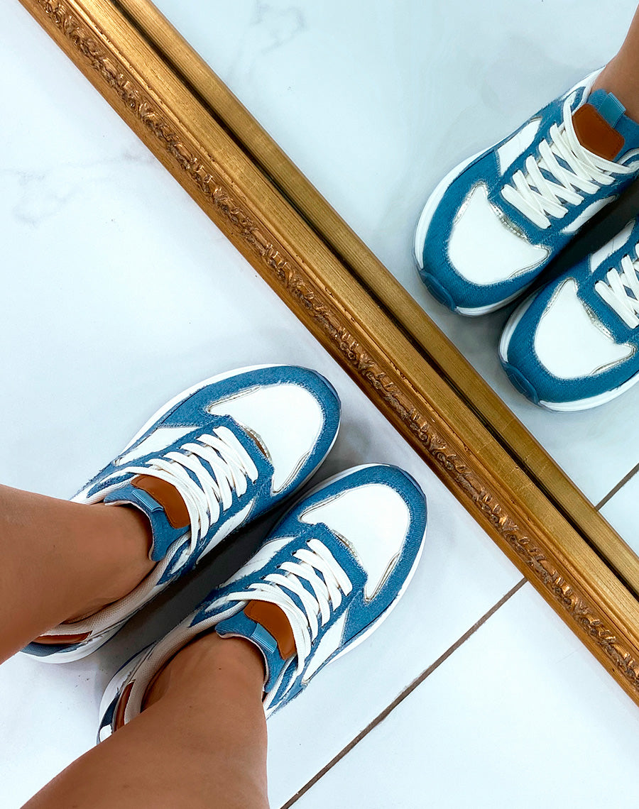 Baskets femme blanches avec empiècements en jean