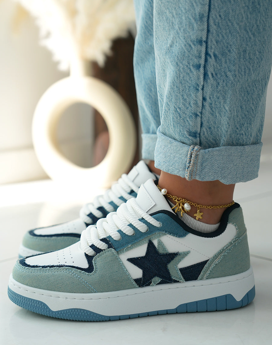 Baskets femme blanches à empiècements jeans et bleu avec lacets épais