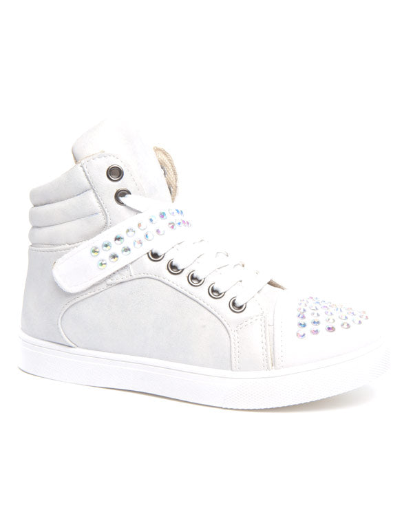 Baskets femme blanches à lacets scratch et strass