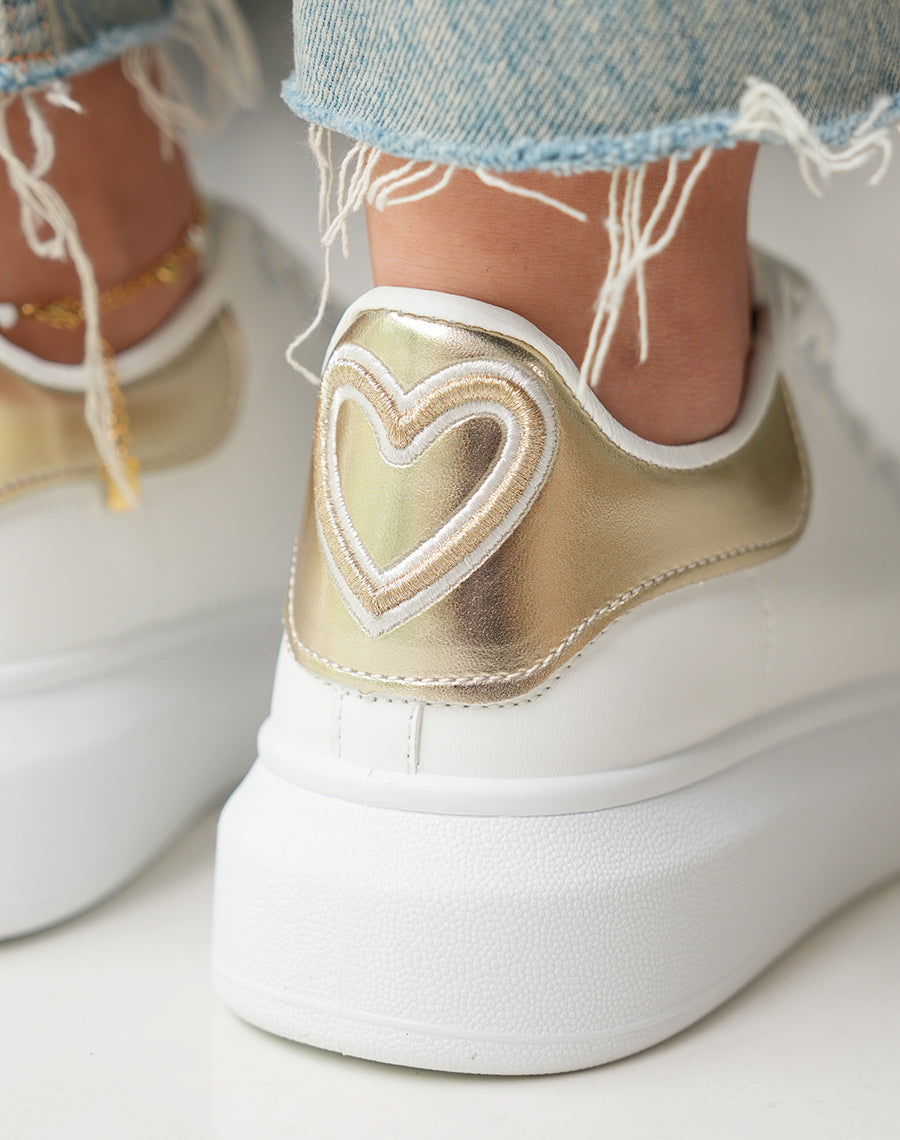 Baskets femme blanches tendance avec empiècement doré irisé et détail cœur