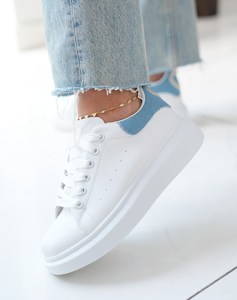 Baskets femme blanches tendance avec empiècement effet jean et détail doré