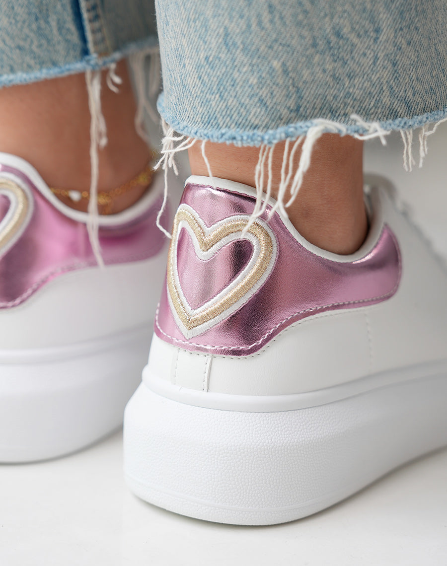 Baskets femme blanches tendance avec empiècement rose irisé et détail cœur doré