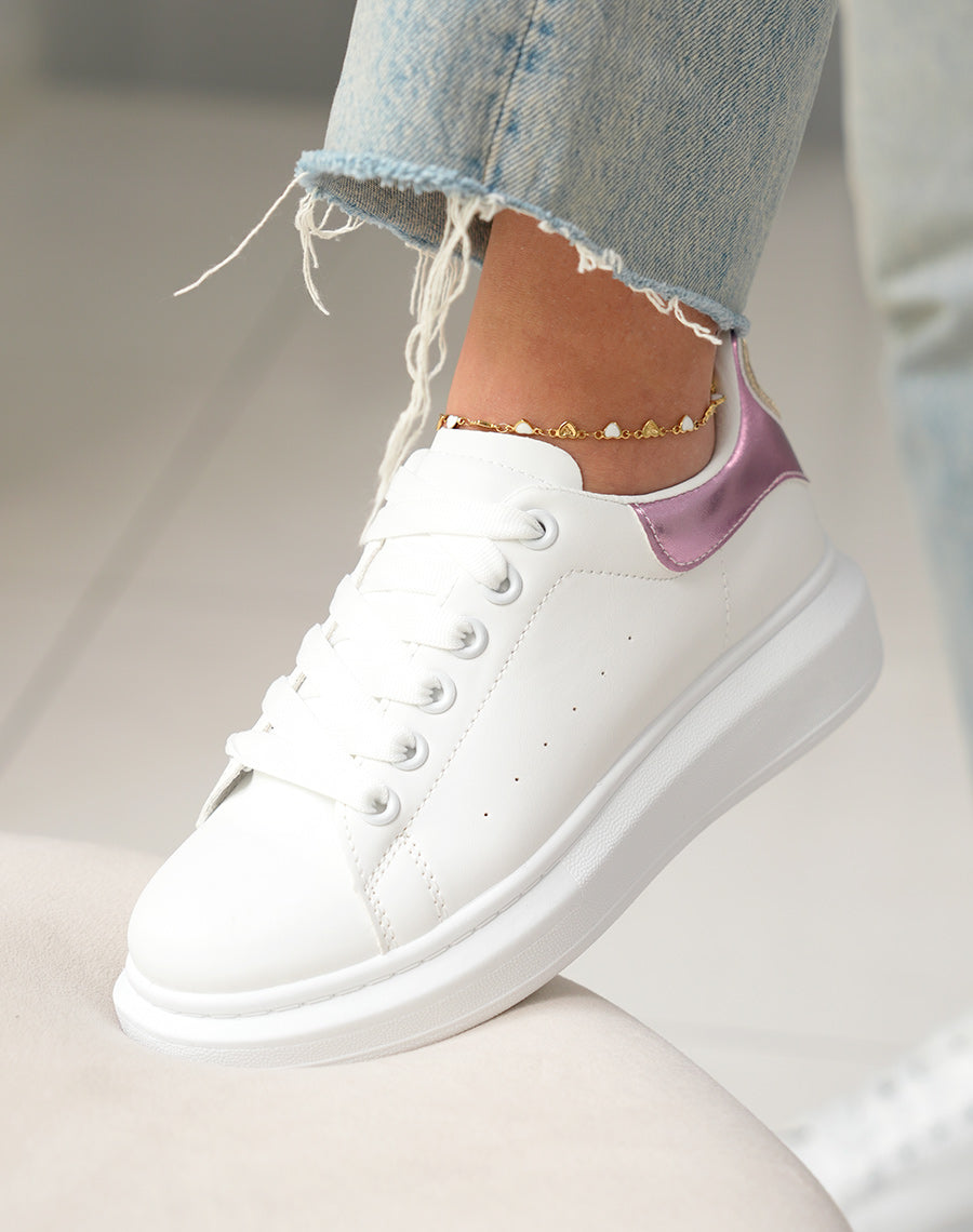 Baskets femme blanches tendance avec empiècement rose irisé et détail cœur doré